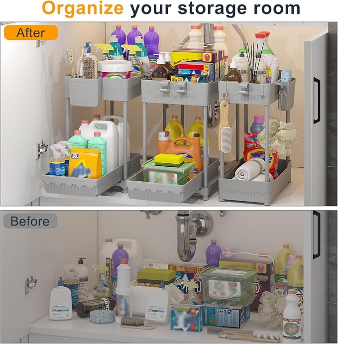3 Pack Under Sink Organizers, 2-Tier Multi-Use Kitchen and Bathroom Organizers and Storage with Sliding Drawers, Bathroom Cabinet Organizer (Gray, 12.8 Inch)