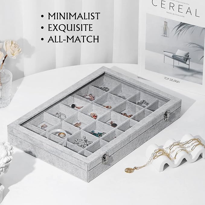 Emibele Velvet Jewelry Organizer Box, 24 Grids with Clear Lid Rings Earrings Bracelets Necklace Organizer Tray Showcase Display Jewelry Storage Case, Grey