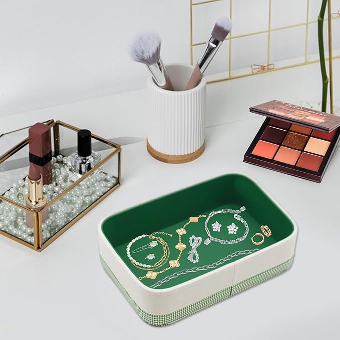TUNJILOOL Jewelry Tray Leather Valet Jewelry Box Nightstand Organizer, Bedroom Dresser Bedside Organizer Countertop Catch Key,Wallet,Phone,Watch,Coin,Glass Unique House Warming Gifts