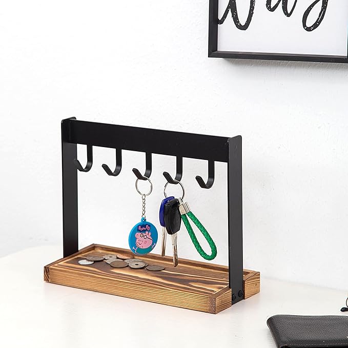 Metal 5-Hook Table Key Holder Torched Wood Base Rustic Industrial Tabletop Countertop Organizer Matte Rack Hanging Hooks Burnt Wooden Bottom Slot Rings Coins Accessories Jewelry Daily Supplies