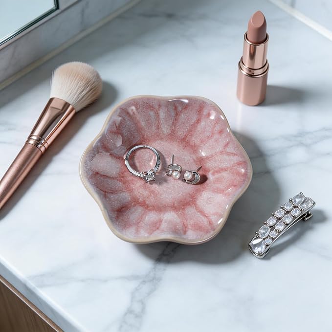 Pink Lotus Leaf Shape Ring Jewelry Dish Holder,Small Trinket Jewelry Tray,Decorative Jewelry Plate Bowl,Key Bowl,Birthday Engegament Gifts for Women Friends,Ceramic