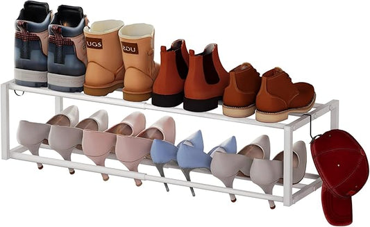 Expandable Wall Mounted Shoe Rack, 17"-31" Adjustable Hanging Shoe Rack Holds 8 Pairs, Heavy Duty Metal Shoe Holder with 2 Storage Hooks, Space Saving for Entryway Closet Doorway（White）