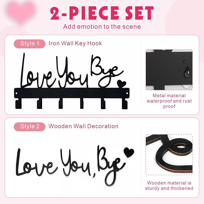 Valentines Key Holder Wall Mount, Love You Bye Key Holder for Wall, Key Holder Hook Rack Organizer Hanger with 6 Hooks for Entryway, Front Door, Hallway, Living Room (Love You Bye Artistic)