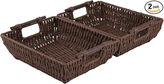 OIAHOMY Storage Baskets, Small Paper Rope Wicker Organizers with Wooden Handles, Baskets for Organizing, 2-Pack, Brown