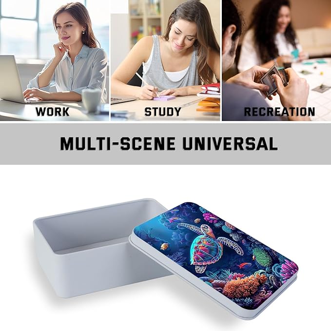 Metal Tin Box with Lid for Game Cards Home Organizer Candles Keys Crafts Storage - Equipped with 4 Magnetic Cord Clips，Sea Turtle