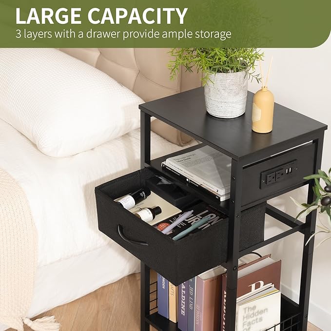 Yoobure Record Player Stand with Storage - End Table with Charging Station & LED Lights, Vinyl Record Storage Holds Up to 100 Albums, Nightstand with Drawer for Living Room Bedroom, Black