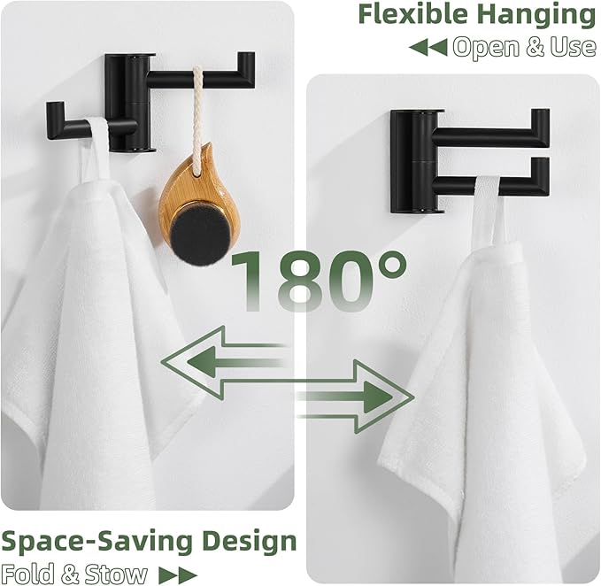 Matte Black Swivel Towel Hook 2 Arms, 304 Stainless Steel Bathroom Double Towel Holder, Wall Mounted