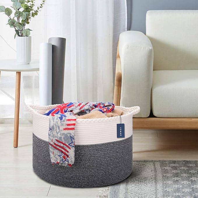 COMSE Extra Large Blanket Basket, Woven Laundry Basket, 21.7âx 13.8â, Nursery Hamper, Cotton Rope Laundry Hamper Living Room for Storage Toys Clothes Towels (White & Black)