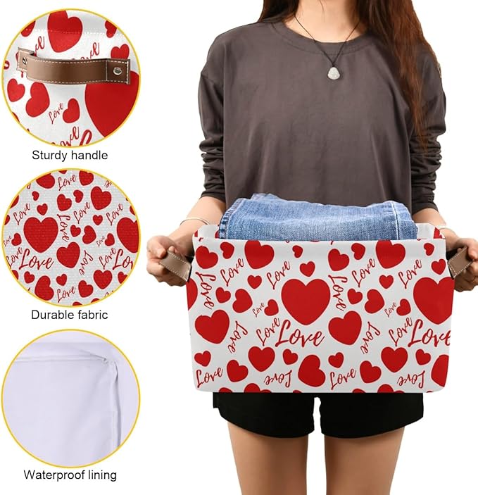 Large Foldable Storage Basket,Valentines Hearts and Love Storage Bin Fabric Collapsible Organizer Bag with Handles 15x11x9.5 inch