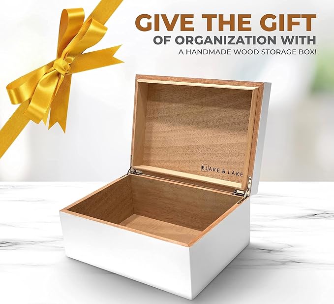 Blake & Lake Large Wooden Keepsake Box - White, Hinged Lid - Decorative Storage Box for Jewelry and More