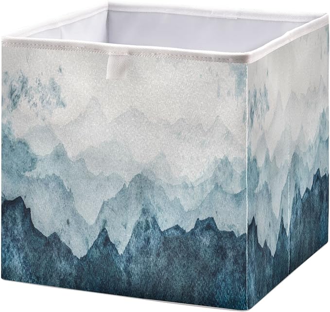 Blueangle Blue Watercolor Mountains Cube Storage Bin, 11 x 11 x 11 in, Large Collapsible Organizer Storage Basket for Home Décor
