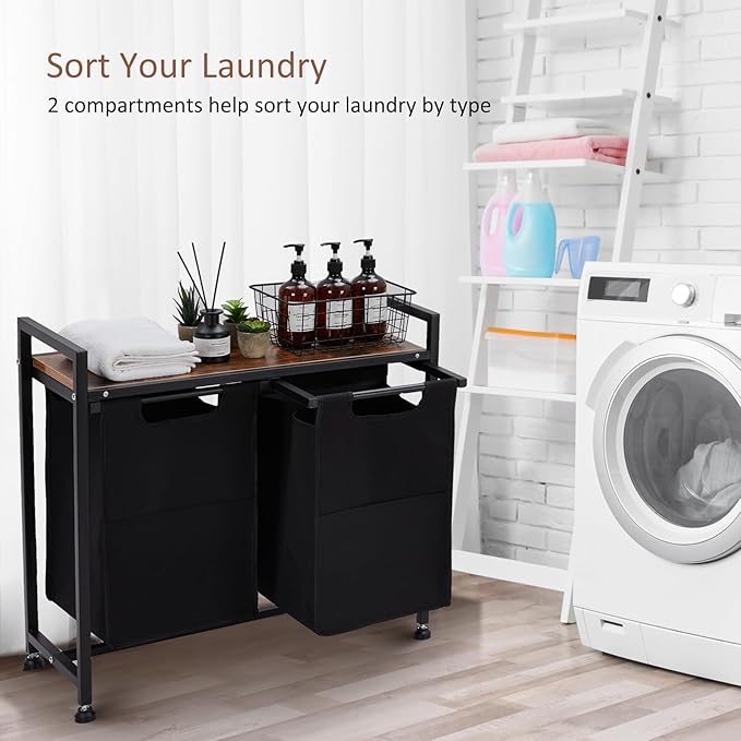 GarveeHome Laundry Hamper with Shelf, Laundry Basket Organizer Laundry Sorter with 2 Pull-Out and Removable Bags and Shelf, Dirty Clothes Hamper for Laundry Room Bathroom Bedroom, 2 x 11.5 gal