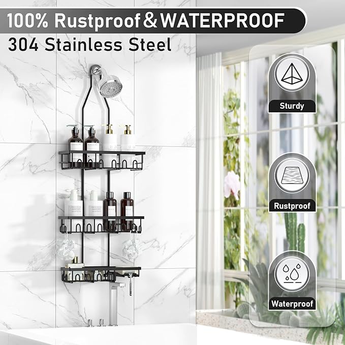 Shower Caddy,Rustproof Shower Shelves Over Shower Head,Extended Length shower rack with Soap Holder,Black