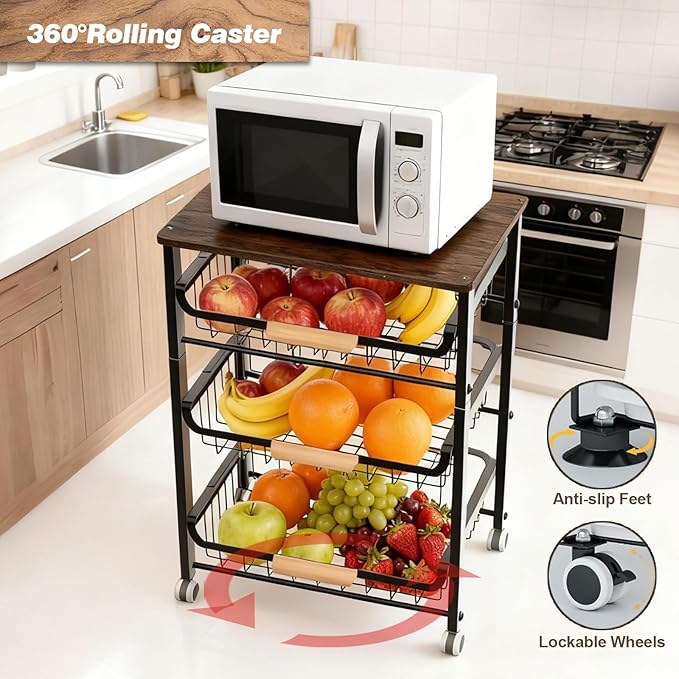 4-Tier Fruit Basket for Kitchen Counter Utility Organizer Carts on Wheels&Wood Top with Storage, Rolling Kitchen Cart for Pantry, Living Room (Black)