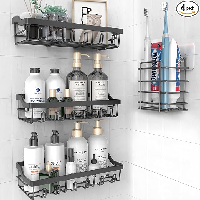 4 Pack Shower Caddy - Adhesive Organizer for Bathroom Storage, Rustproof Stainless Steel Shelves, No Drilling, Large Capacity Shower Rack, Black