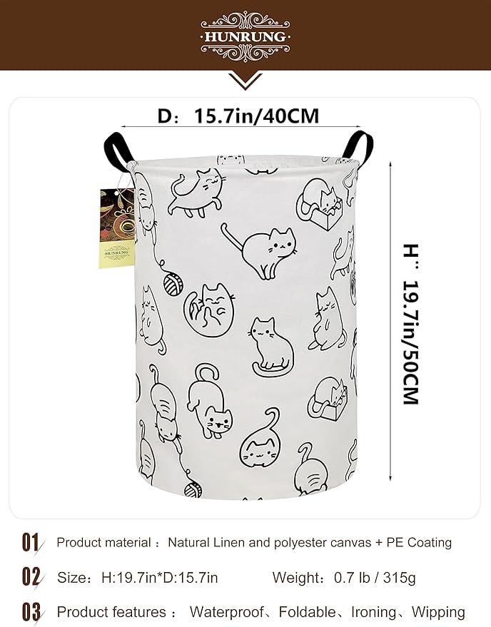 HUNRUNG Laundry Hamper,Large Canvas Fabric Lightweight Storage Basket Toy Organizer Dirty Clothes Collapsible Waterproof for College Dorms, Children Bedroom,Bathroomï¼Round catï¼