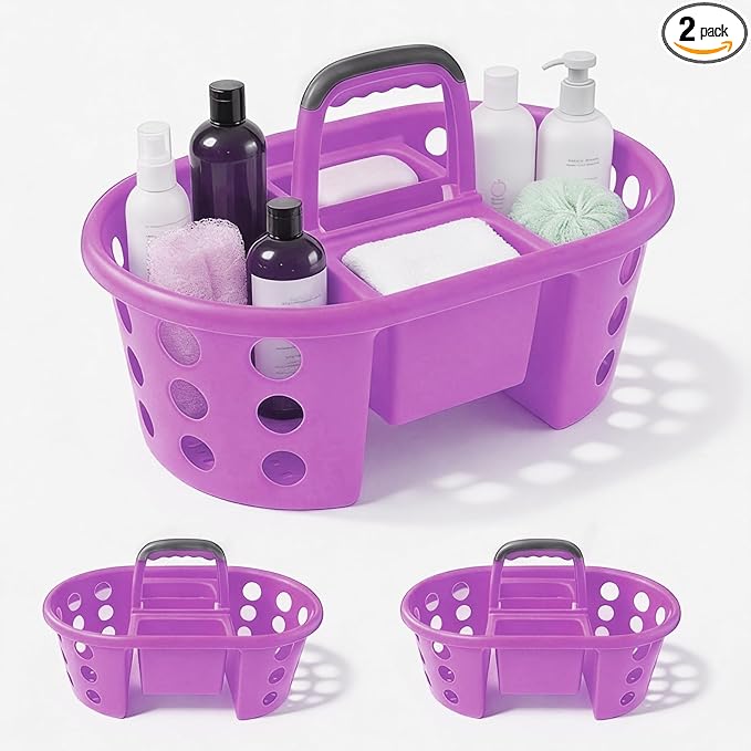 Large Shower Caddy Portable 2PC - Made in USA Plastic Jumbo Size Dorm Storage Candy Tote with Handle Shower Organizer for Bathroom, Pantry, Kitchen, College Dorm, Purple