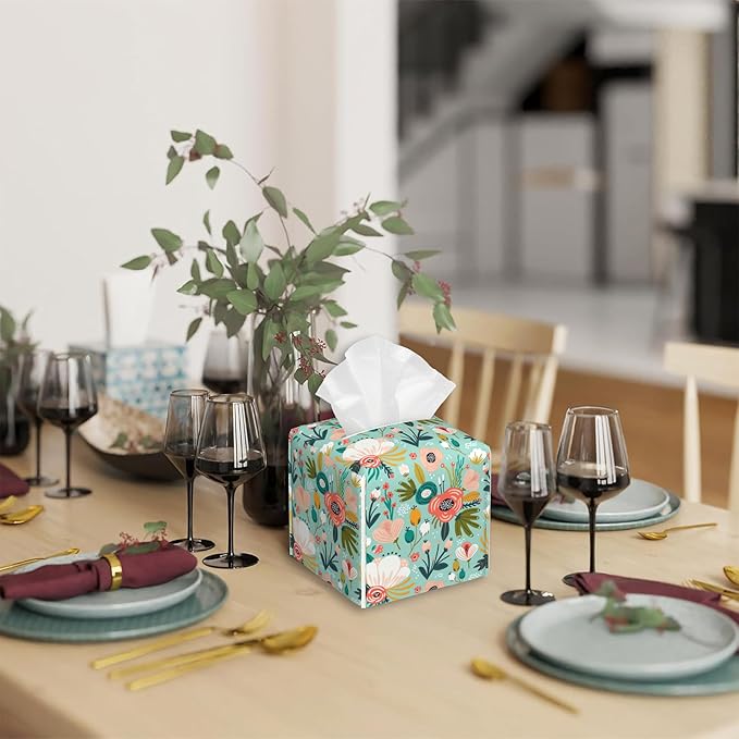 Watercolor Flowers Tissue Box Cover Square,Tissue Box Holder with Belt Bottom,Stylish Leather Napkin Holder for Vanity Countertop,Nightstands,Office Desk,5.2"Ã5.2"Ã5.2"