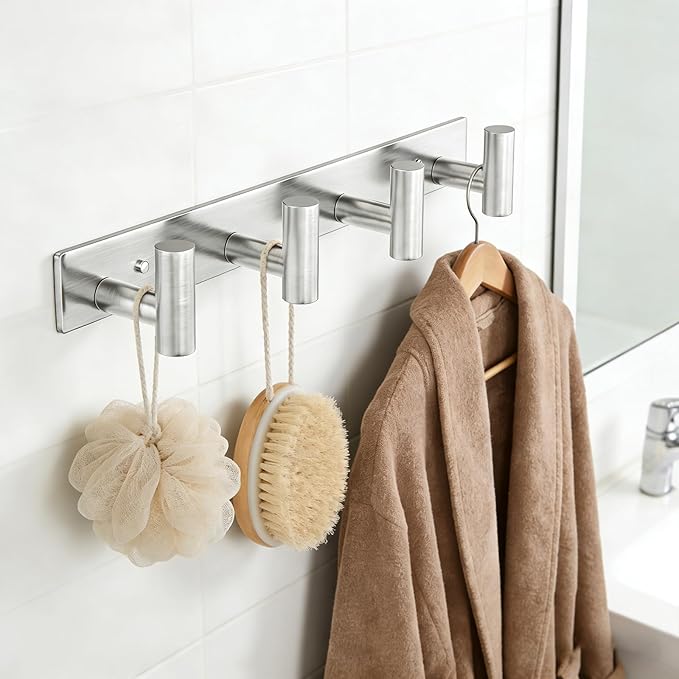 HUFEEOH 2 Pack Coat Rack Wall Mount, Stainless Steel T Shaped 4 Hooks Coat Hooks for Bathroom, Heavy Duty Wall Hooks Towel Hooks for Hanging, Silver Towel Rack Purse Hanger for Mudroom Entryway