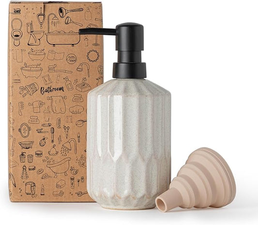 FE FUN ELEMENTS Fun Elements Bathroom Soap Dispenser, 16 Oz Luxurious Hand soap Dispenser for Bathroom, Ceramic Liquid Countertop with Plastic Pump, Silicone Funnel (Black Pump)