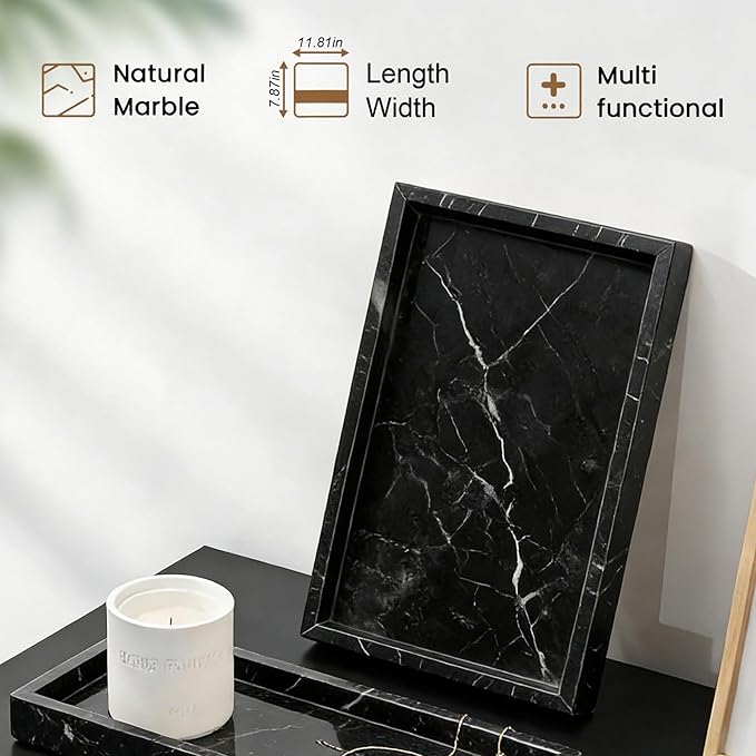 Natural Marble Tray, Stone Tray for Bedroom/Bathroom/Kitchen/Vanity Countertop, Jewelry Tray for Rings Earrings Necklace Bracelet Watch, Room Decor Aesthetic