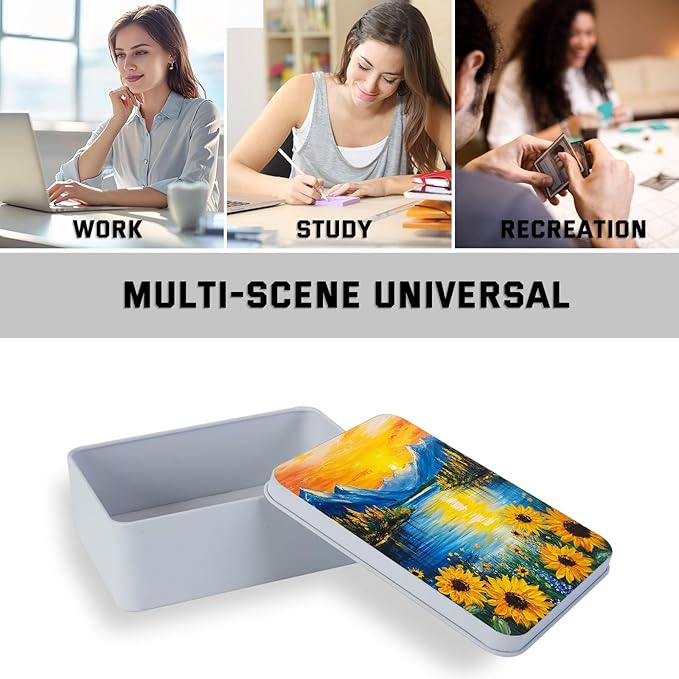 Metal Tin Box with Lid,Multi-functional Storage Large Box Can Store Tea Biscuits Game Cards, Playing & Tarot Cards-Comes with 4 Magnetic Cord Clips,Sunset Mountain Lake