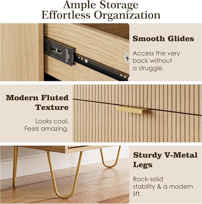 Masupu 4 Drawer Dresser, Drawer Chest, Tall Storage Dresser Chest Cabinet Organizer Unit with Gold Metal Legs, Nightstand for Bedroom, Living Room, Closet, Hallway Natural Stripe