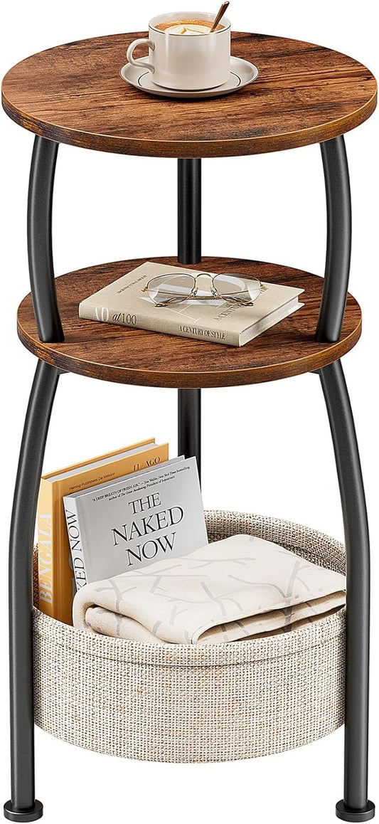 Small Side Table for Small Spaces with Storage Basket, Round End Table 3-Tier NightStand Sofa Corner Table for Living Room, Bedroom, Patio and More 24in Tall Rustic Brown