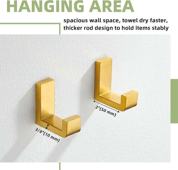 APLusee L Shape Bath Towel Hook 2 Pack, 304 Stainless Steel Coat Holder, Wall Mounted Storage Hanger for Bathroom Kitchen, Brushed Gold