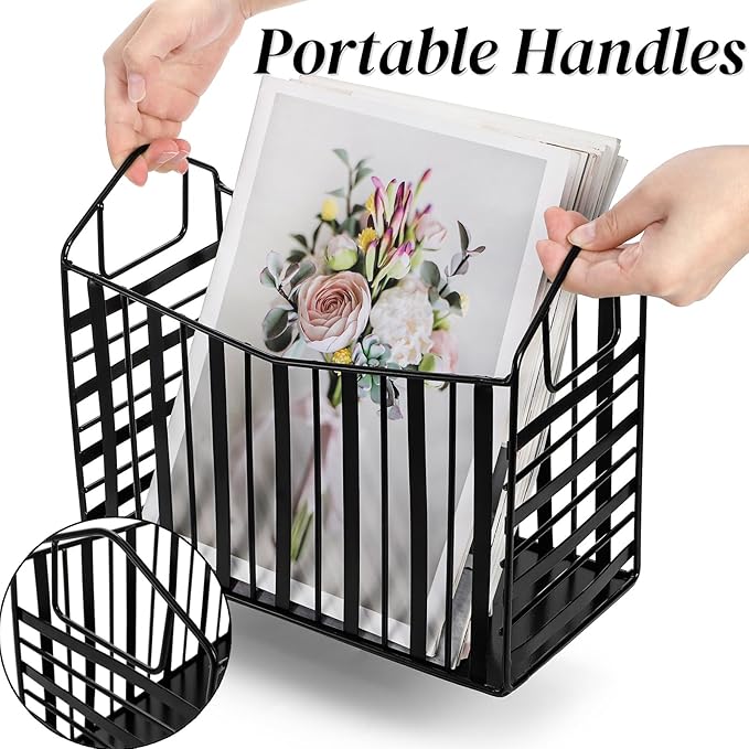 Metal Magazine Holder, Document File Rack with Handle, Newspaper Book Folder Mail Organizer Bin, Iron Wire Tablet Storage Basket Stand for Home Office Bathroom Bedroom Den Living Room, Black