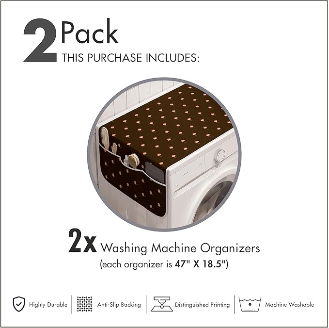 Ambesonne Abstract Washing Machine Organizer Pack of 2, Cupcake Pattern with Hearts on Top Sweets Dark Toned Brown Background, Anti-Slip Cover for Washers Dryers, 47" x 18.5", Coral Beige