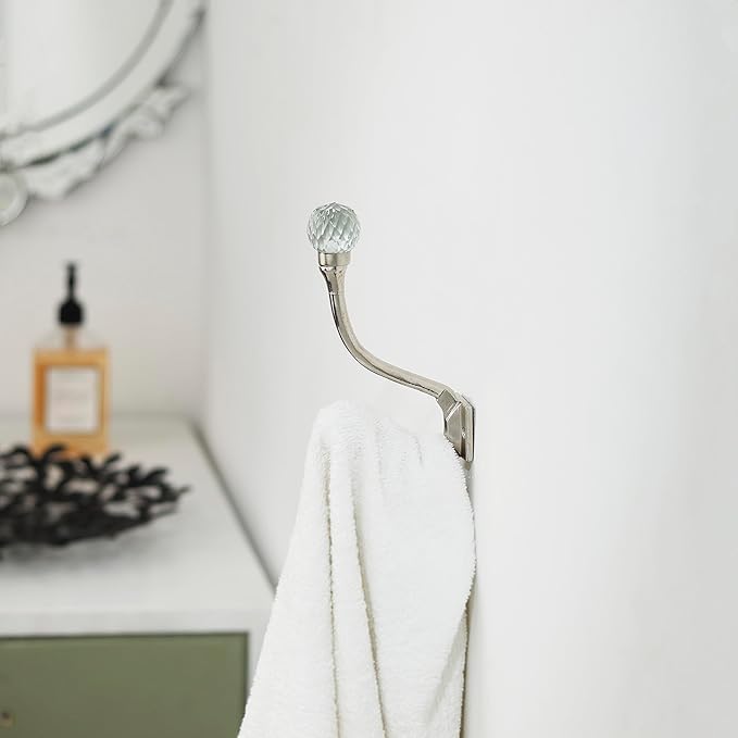 Indian Shelf Pack of 6 Heavy Duty Double Prong Crystal Decorative Coat Hooks Unique Clear Coat Rack Wall Mount Glass Wall Hooks for Hanging Towel Holder Backpack Purse Hanger- Style 21
