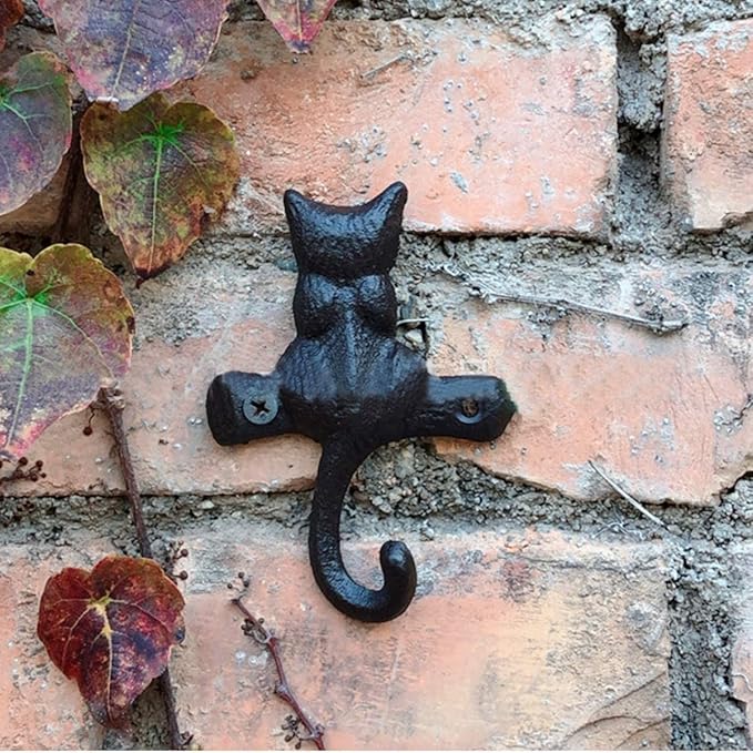 DPOWERFUL Vintage Cat Design Cast Iron Wall Hooks - Rustic Metal Coat, Hat & Towel Hangers, Decorative Key Holder for Entryway, Farmhouse Decor with Mounting Hardware, 3 Pack