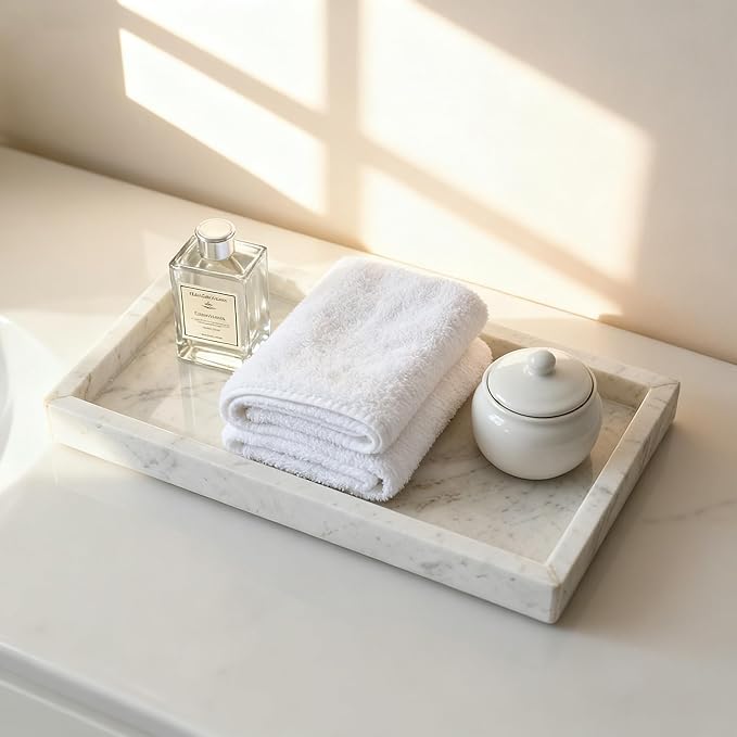 Natural Marble Vanity Bathroom Tray, 10" x 6.1" x 0.9" Not Plastic, Real Stone Home Decor Tray for Bathroom,Countertop,Kitchen, Sink Storage Holder Organizer for Soap Candles Perfume