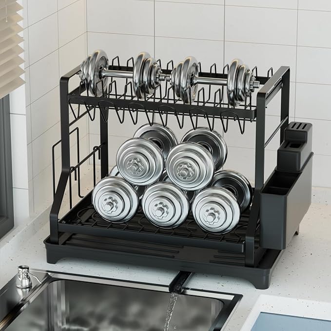2-Tier Kitchen Dish Drying Rack with Drainboard, Black, Large Capacity Dish Rack with Cup Holder, Knife Block, Cutting Board Rack, 42x32.5x34cm