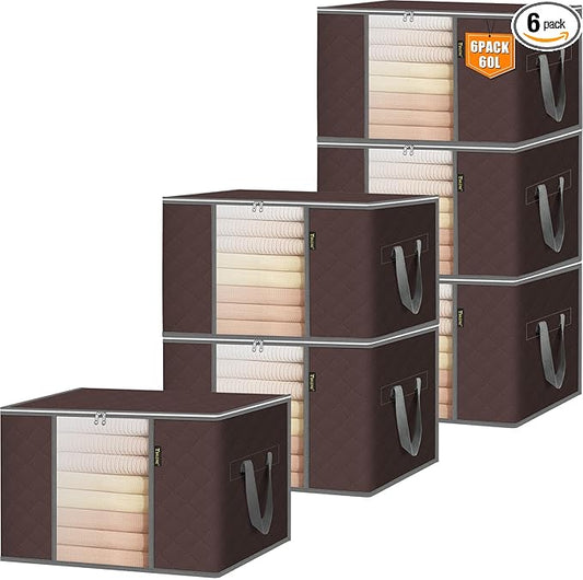 BALEINE 6 Pack Clothes Storage Bags, 16 Gallon Storage Containers with Reinforced Handle, Sturdy Zipper, Closet Organizer for Blanket, Comforter, Pillow, Bedding (Brown, 6 Pack)