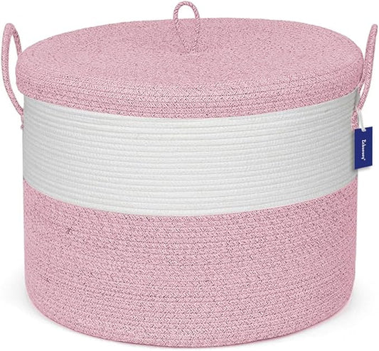 21" x 18" Extra Large storage baskets,Eco-friendly Decorative blanket basket with lid for Living room,rope baskets with lid,wicker hamper for bedroom,Big,Round,Pink 115L