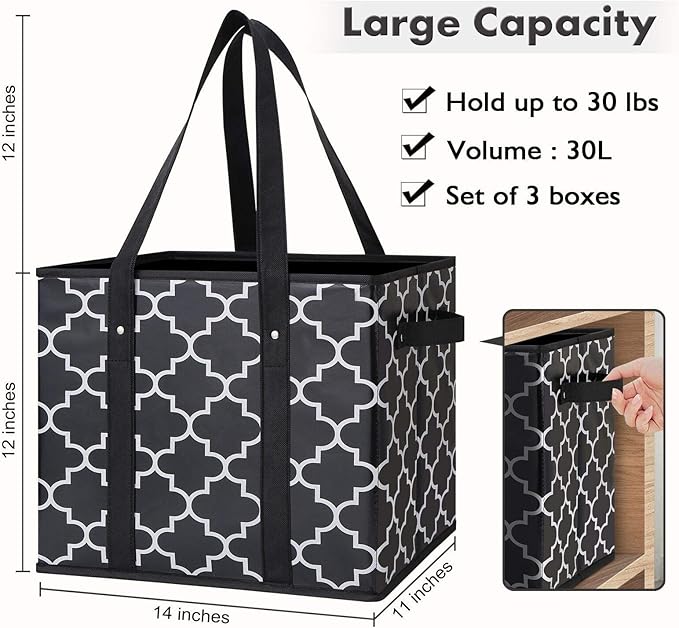 WISELIFE Reusable Grocery Bags 4-Pack Foldable Washable Large Storage Bins Basket Water Resistant Shopping Tote Bag Black