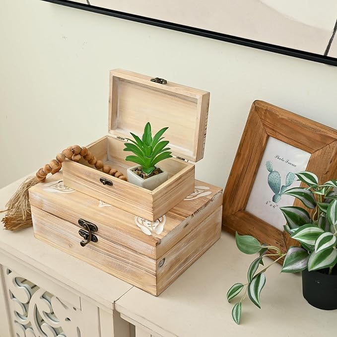 Mandala Carved Wooden Box Set of 2, Rustic Decorative Storage Boxes with Metal Latch, Handcrafted Mandala Flower Design Keepsake Boxes for Jewelry, Photos, Home Decor, Coffee Table