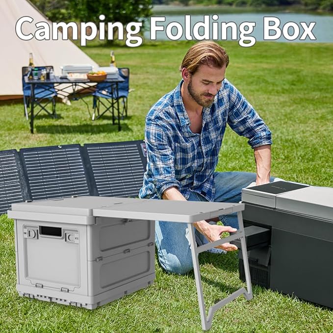 2-in-1 Foldable Storage Box & Table | Collapsible Organizer for Home, Camping & Markets ABS+PP Composite | DIY Stickers Included