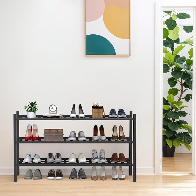 Haddockway Long 3 Tier Bamboo Shoe Rack Storage Organizer,Multifunctional Free Standing Stackable Shoe Shelf with Grid Panel for Closet,Hallway,Entryway,Small Space 34.2"x11"x20"