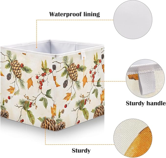 Bolaz Autumn Leaves Pine Cones Closet Organizers Storage Cubes Storage Bins Shelf Baskets Containers for Home Room Office,Square