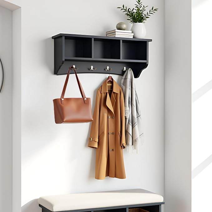 Shaker Cottage Wall-Mounted Coat Rack with 3 Storage Cubbies and 4 Coat Hooks – 36" W x 9" D x 14" H Space-Saving Entryway Organizer or Mudroom Wall Shelf by Alaterre Furniture (Charcoal Gray)