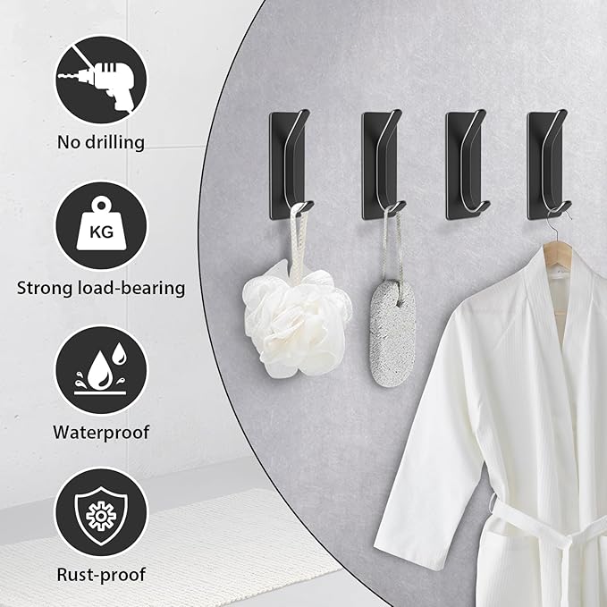 Adhesive Wall Hook for Towel, Coat, Extra Sticky 8LB Stainless Hook, Stick on Hanger for Bath or Shower, Black 4-Pack