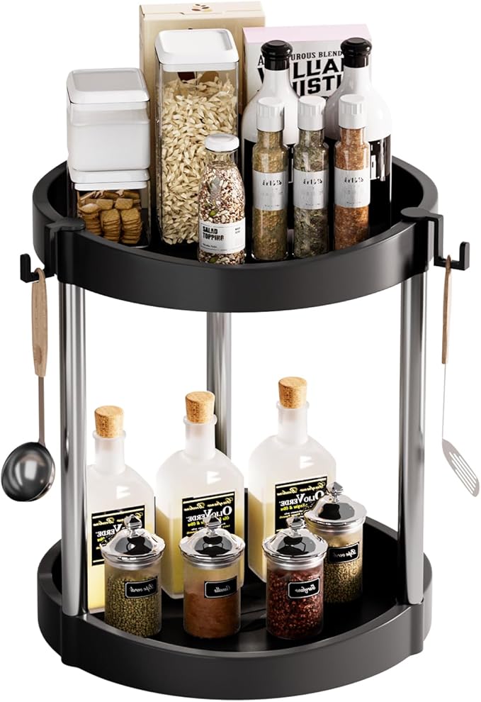 10.01" 2-Tier 360°Rotating Lazy Susan turntable Organizer Spice Rack Organization for Kitchen countertop and Cabinet pantry Organizers and storage(1Black, Extra Large)