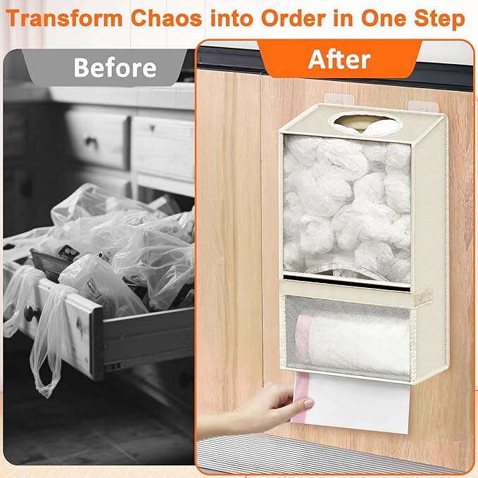 Plastic Bag Holder - Large Wall Mount Grocery Bag Holder & Dispenser for Home Kitchen, 2-in-1 Space-Saving Durable Organizer House Necessities, Beige