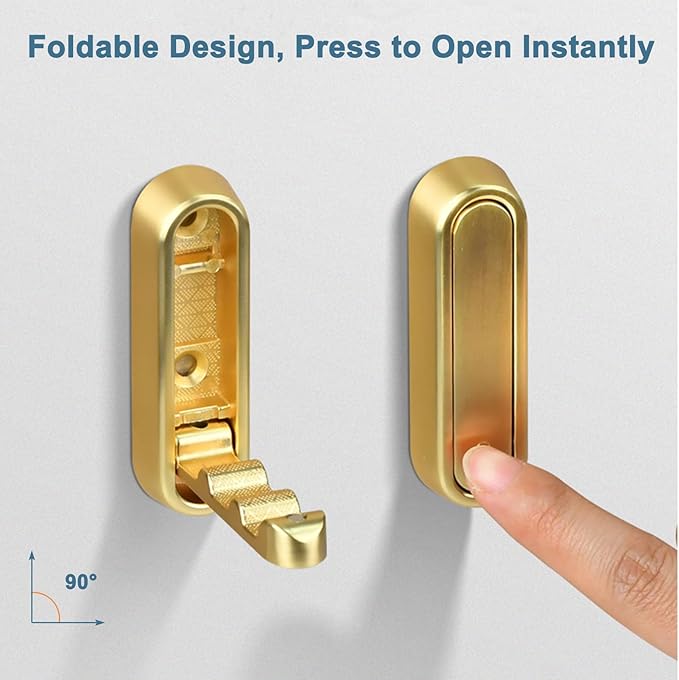3 Pcs Folding Wall Hooks, Heavy Duty Metal Coat Hooks for Bedroom Closet, Bathroom Towel Hanger Wall Mounted Kitchen Hooks for Hanging Aprons, Brushes, Umbrellas, Keys, Hat, Bags (Gold)