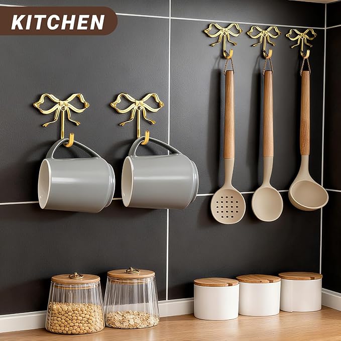 4 PCS Large Size Gold Bow Wall Hook,Decorative Gold Coat Hooks for Bathroom,Bedroom,Living Room - Heavy Duty Metal Towel Hooks for Hanging Robes,Hats,Bags,Keys,Coffee Mugs
