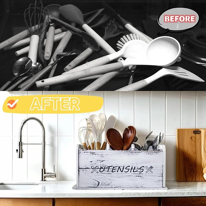 Utensil Holder Rustic Wood White Large Farmhouse Spatula Organizer for Kitchen counter Farmhouse,Countertop,Cooking Tools Storage (White)