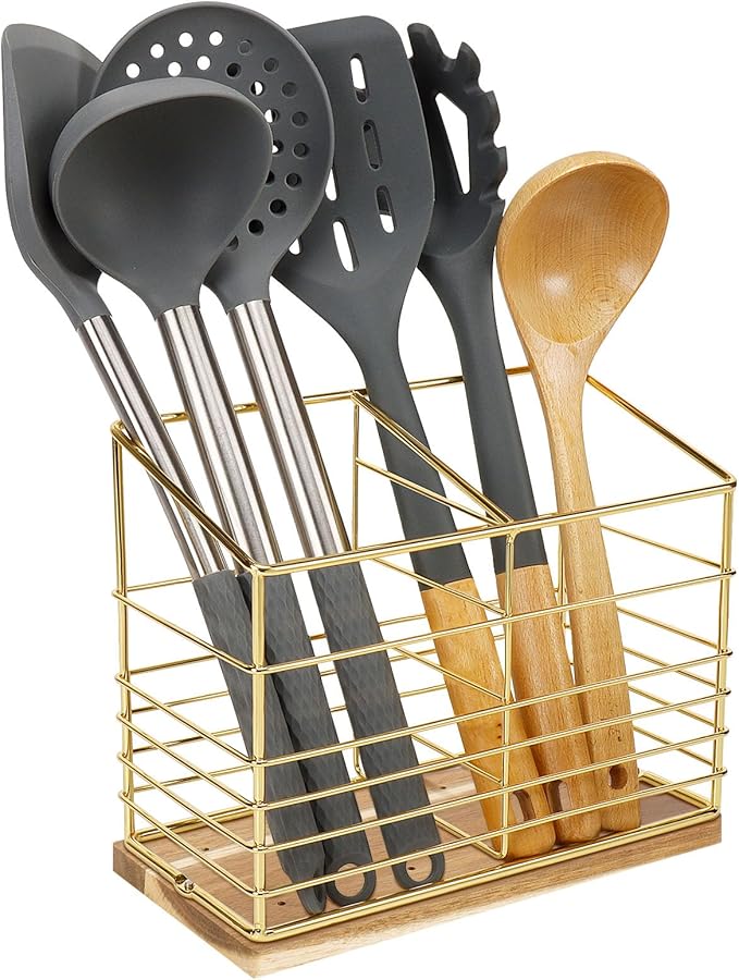 Utensil Holder for Kitchen Counter, Metal Utensil Holder Rack for Kitchen Countertop, Cooking Tools Storage for Spatula, Utensil Organizer with Wooden Base, and Drainage Hole (Gold Wooden)